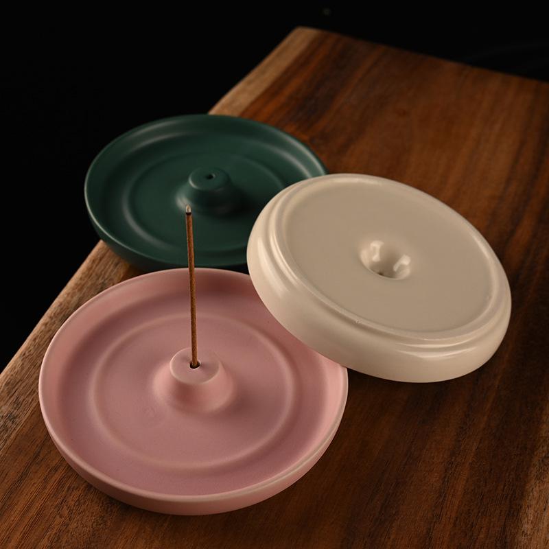 Ceramic Round Incense Holder for Indoor Use - Japanese Style Incense Burner with Line Design.