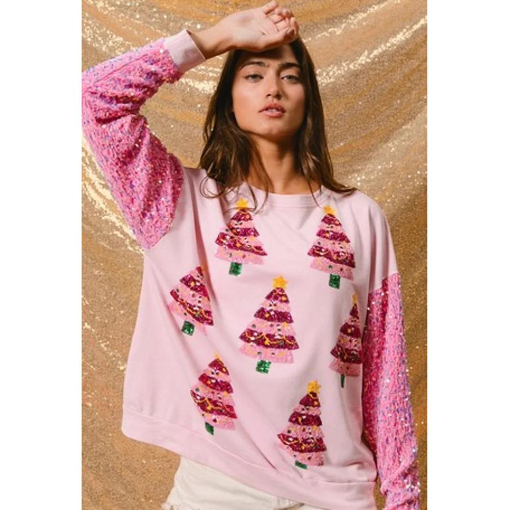 Christmas Glitter Hoodie Stylish Women's Christmas Tree Long Sleeve Top Cute Gingerbread Man Casual T-Shirt Chic Holiday Attire