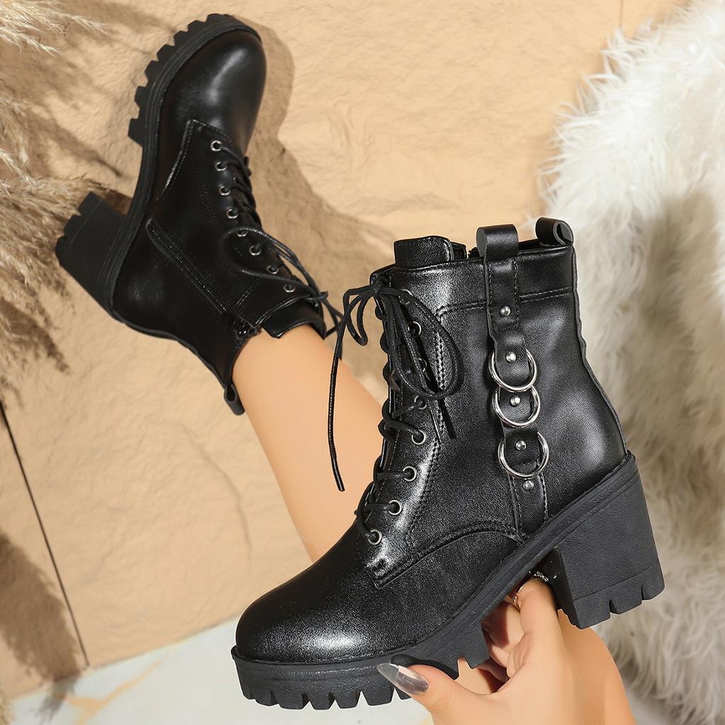 Winter Sexy Elegant Solid Color Round Toe Lace Up High-Heeled Short Boots Fashionable New Style Comfortable Casual Women'S Boots