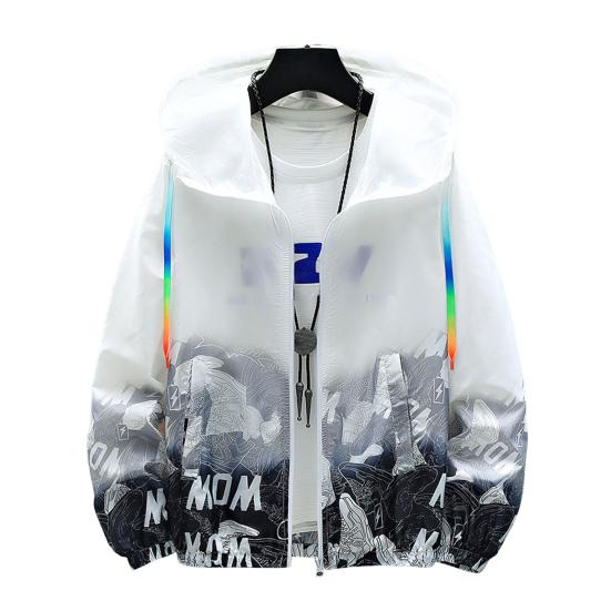 Gradient Print Hooded Drawstring Pockets Zipper Placket Windbreaker Jacket Men Summer Thin Sun Protection Coat
