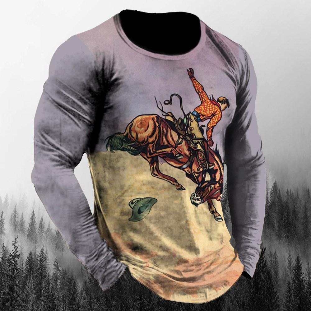 Vintage Cowboy T-Shirt Casual Sports Long Sleeve Tops Mens Western Cowboy Pattern Winter Loose Street T Shirt Clothing Pullover