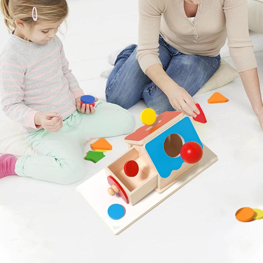 Montessori Coin Box Toys Object Permanent 2-in-1 Wooden Ball Drop Games & Wooden Puzzle Double Drawers Toys Gifts for Toddler