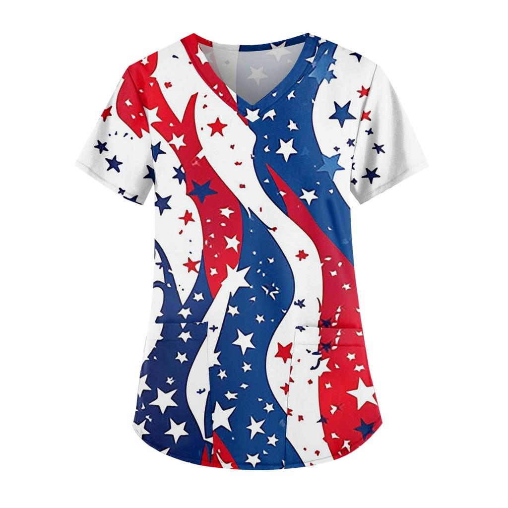 Plus Size Printed Scrub Working Uniform Tops For Women's Cross V Neck Independence Day Print Short Sleeve Fun T-Shirts Workwear Tee With Pockets
