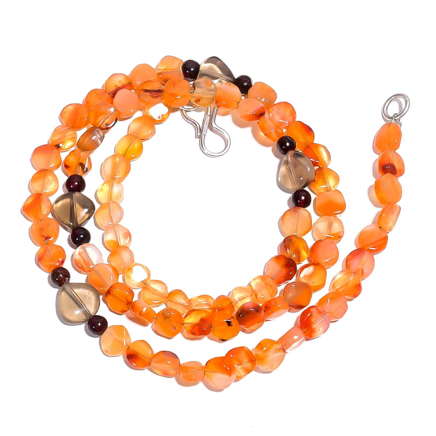 

Natural Carnelian Smoky Quartz Garnet Gemstone Smooth Beads Necklace 17 UB-4058 UB-4058