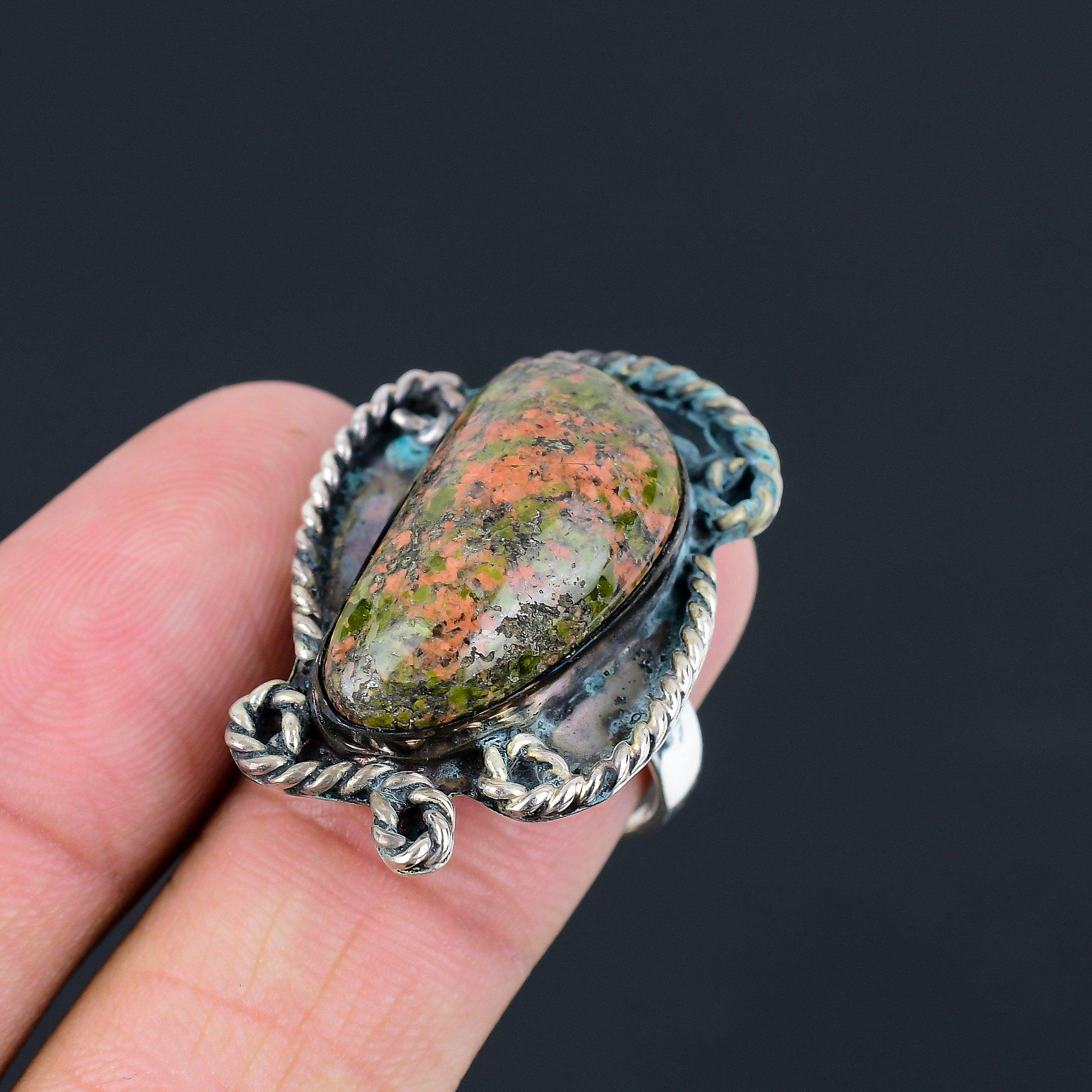 Sisters Day Sale Unakite Stone 925 Sterling Silver Promise Solitaire Ring Size 8 8