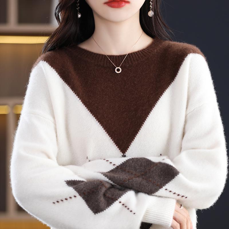 Women's Loose-Fit Cashmere Sweater - Diamond Pattern, Color Block, Round Neck, Autumn/Winter