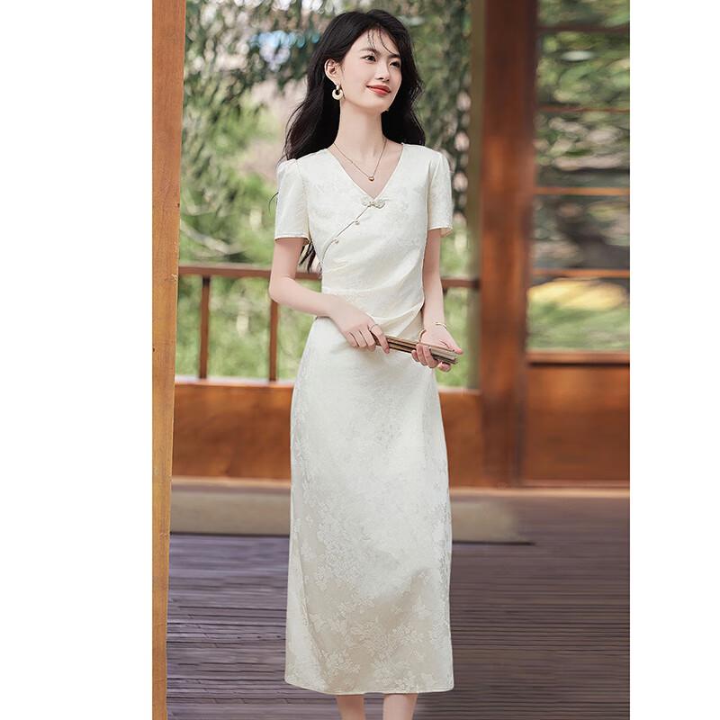Women's Elegant New Chinese Style V-Neck Jacquard Midi Dress