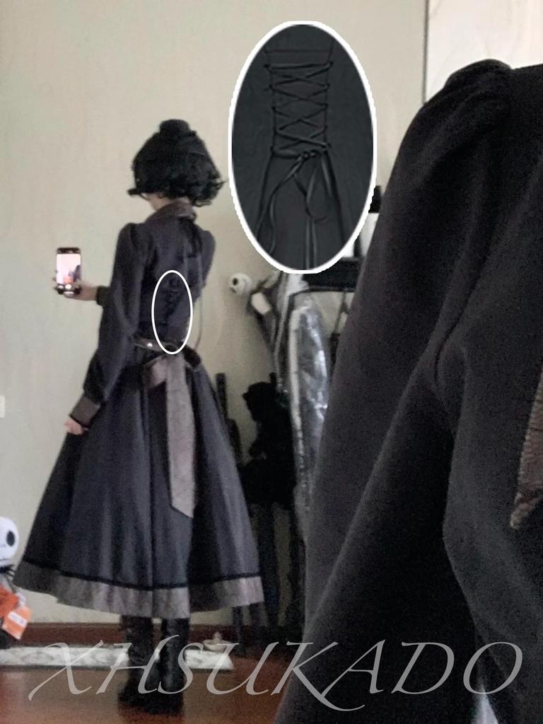 XHSUKADO Gothic Lolita Irregular Long Size L Women's Dress, Halloween, Lace, Jabot, Lace-Up, Long, Ruffled, Hem, Dark, Spider, Noble, Gothic,
