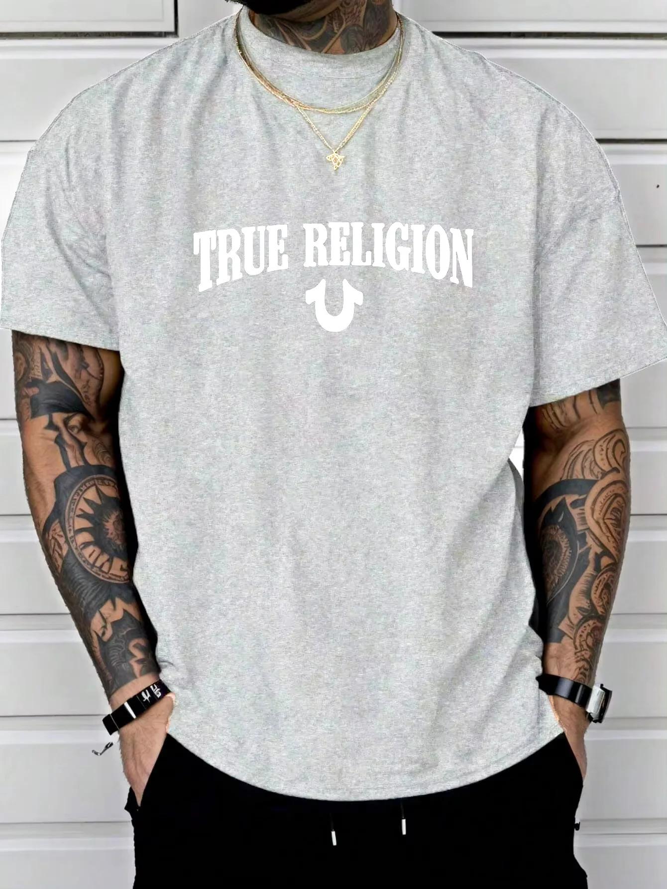 

New Streetwear True Religion Unisex Cotton Gym Fitness T-shirt Fashion Big Size Tops Casual Short Sleeve Classic Print Tees Unisex 4XL