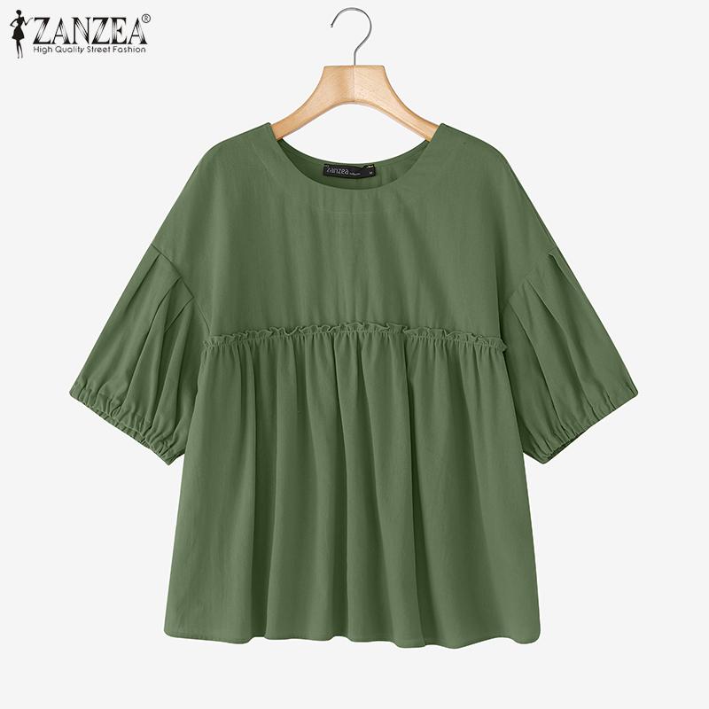 

ZANZEA Женская блузка оверсайз с круглым вырезом, рукавом до локтя, однотонная, повседневная, свободного кроя, с оборками 4XL зелёный