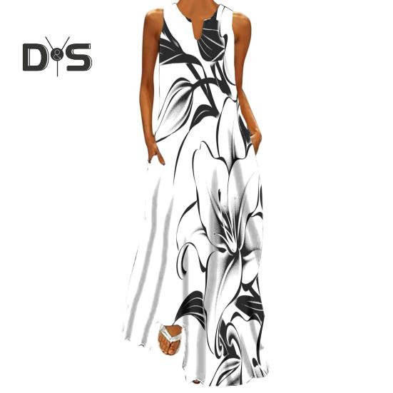 Women Summer Dress V-neck Sleeveless Floral Print Maxi Dress with Pockets Loose Fit Flowy Long Sundress