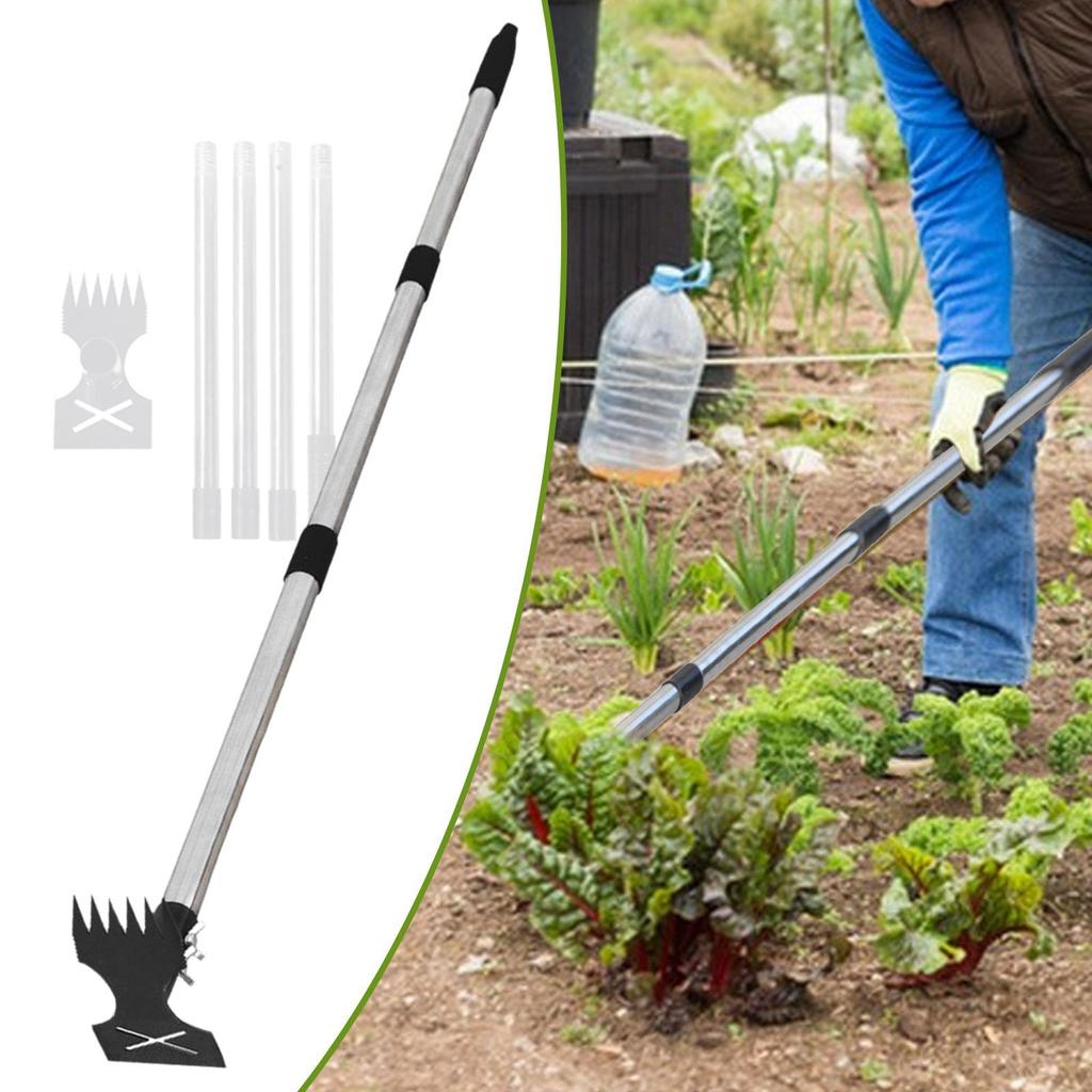 Weed Puller Tool 2 in 1 Manual Hand Rake for Uprooting Driveway Weeding 3 Section Handle