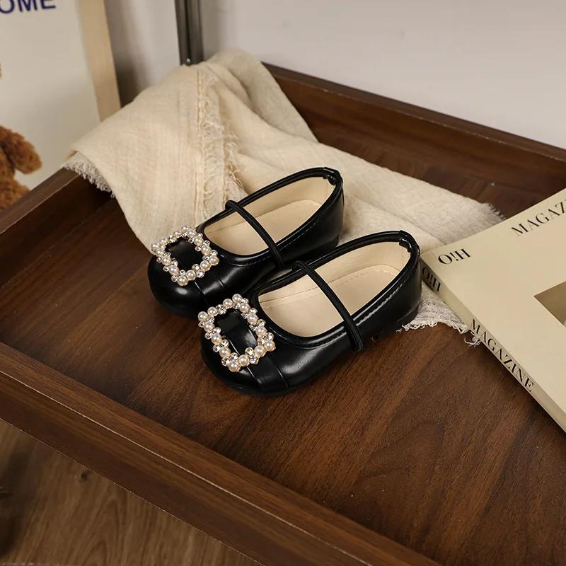 

Туфли из кожи для маленькой девочки, роскошные туфли принцессы с горным хрусталем для детей, балетки, модные туфли на мягкой подошве для детской вечеринки, неглубокие, универсальные 21 чёрный