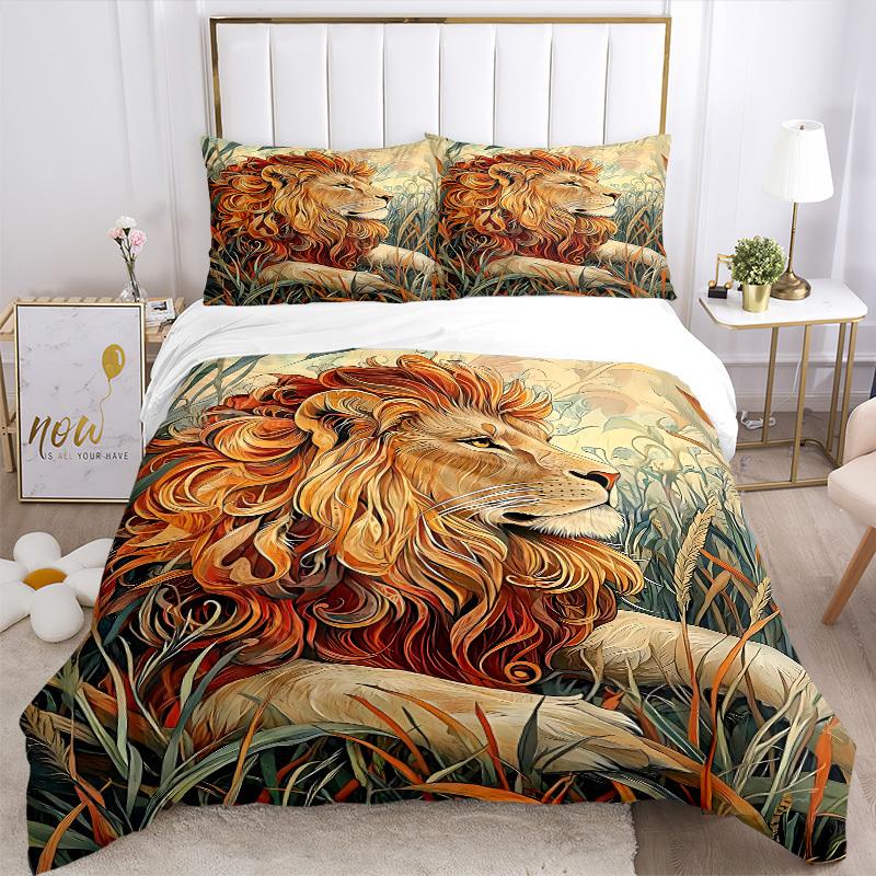 3pcs Bedding Set Lion Safari Includes 1 Comforter + 2 Pillowcases, Without Pillow Inserts, Soft Comfortable,a0909107
