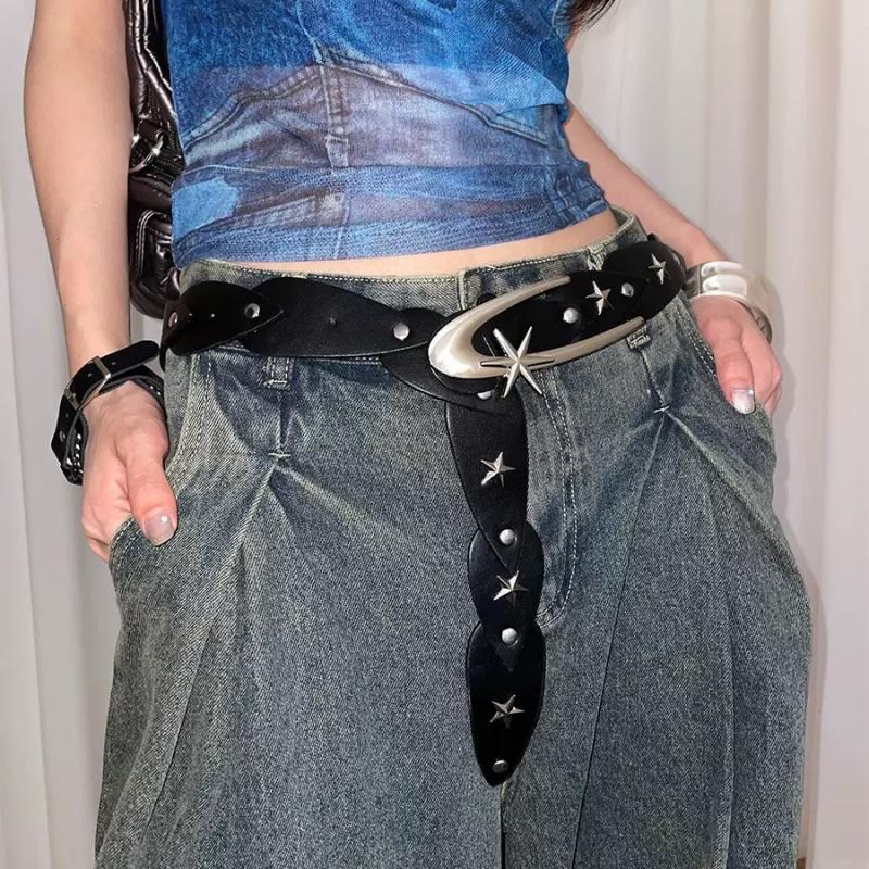 Retro Jeans Decor Star Buckle Belt Black Y2K Pu Waistbands Korean Style Fashion Trouser Decoration Dress Decoration