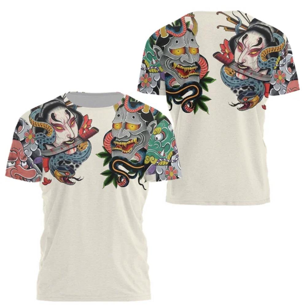 Japanese Harajuku Printing T Shirt For Men Fashion Samurai Mask Graphic T shirts Summer Leisure O-neck Pullover Oversized Tops