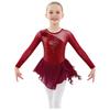 Girls Jazz Dance Bodysuit Rhythmic Gymnastics Stage Wear Sequin Tulle Splice Long Sleeves Cutouts Back Figure Ice Skating Athletic Skirted Leotard