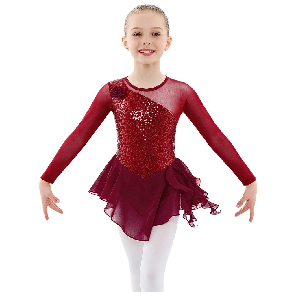 Girls Jazz Dance Bodysuit Rhythmic Gymnastics Stage Wear Sequin Tulle Splice Long Sleeves Cutouts Back Figure Ice Skating Athletic Skirted Leotard