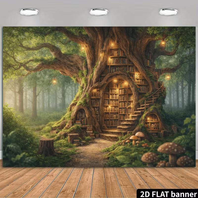 2D Whimsical Tree Library Tapestry, Aesthetic Enchanted Forest Wall Hanging