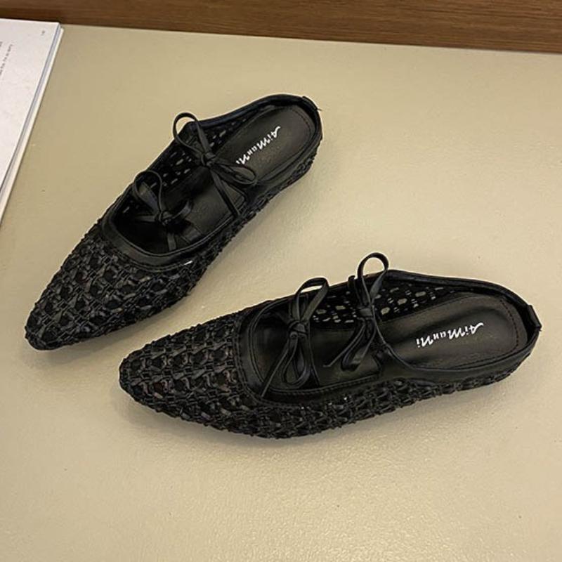 Fashion 2025 Pointed Toe Women Slippers Mid Heels Shoes Fashion Weave Bow Sandals Designer Retro Pumps New Trends Dress Zapatillas Mujer