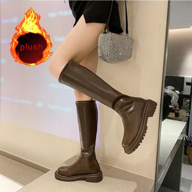 Botins de Inverno Sapatos Femininos Botas de Cano Médio Botas Baixas de Couro PU Macio Sapatos Moda Feminina Outono e Inverno Novo