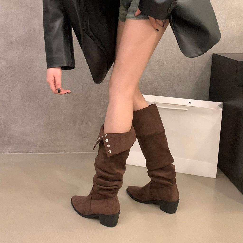 High-heeled Coffee-colored Suede Stacked Medium Tube Cycling Boots Women's Shoes Spring, Autumn and Winter Pointed Thin Long Tube Long Boots