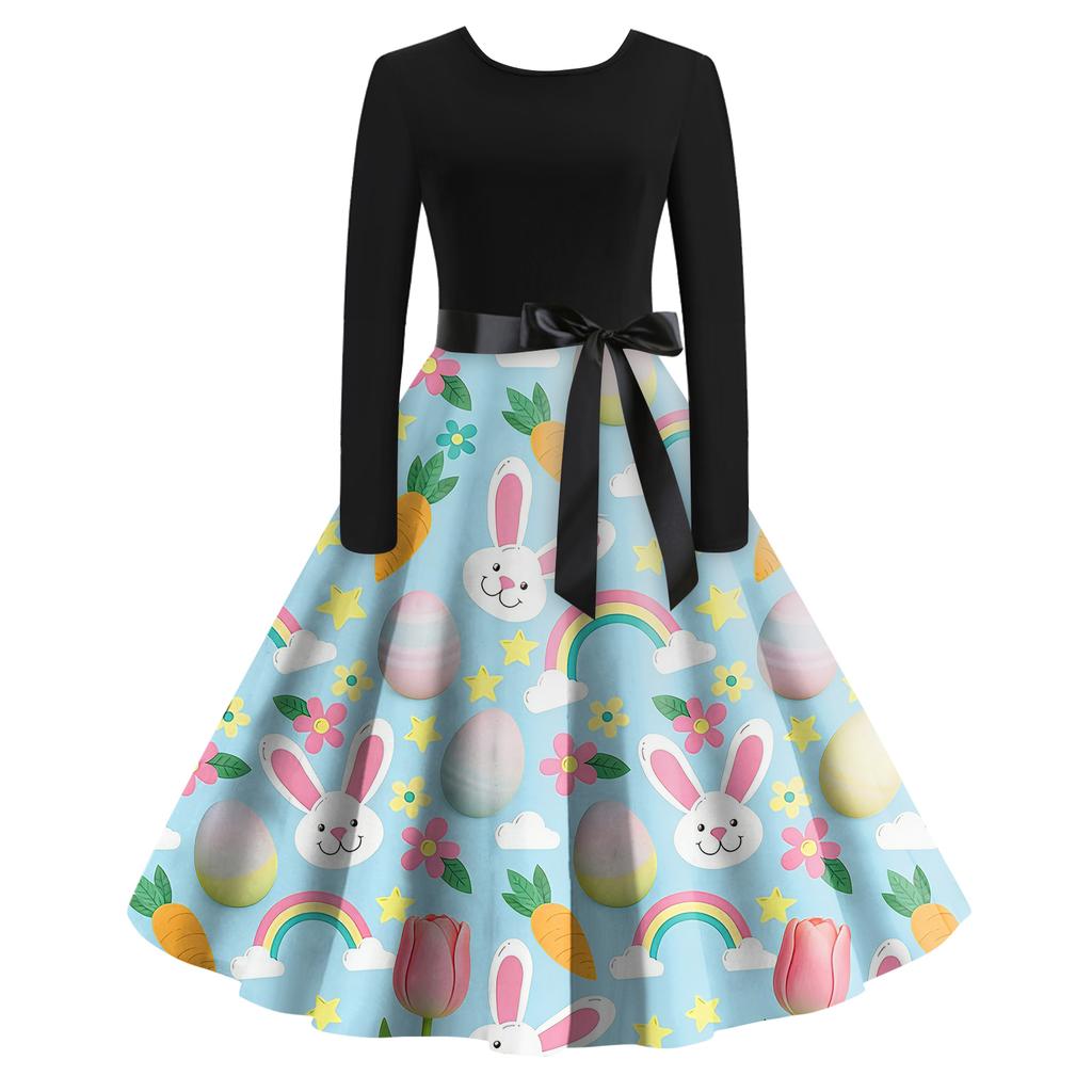 Women's Casual Fashion R-neck Long Sleeved Retro Christmas Print Retro Dress