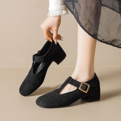 5728-1 Suede Vintage Mary Jane Shoes Women'S Spring And Autumn Coarse Heel Round Head Single Shoes Women'S