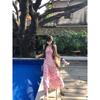Kumikumi Holiday Style Pink Floral Sling Dress Women Summer Age-Reducing Chic Slim Fit Slimming Long Skirt