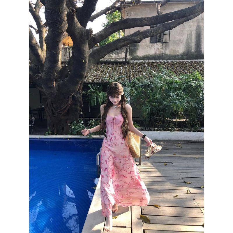Kumikumi Holiday Style Pink Floral Sling Dress Women Summer Age-Reducing Chic Slim Fit Slimming Long Skirt