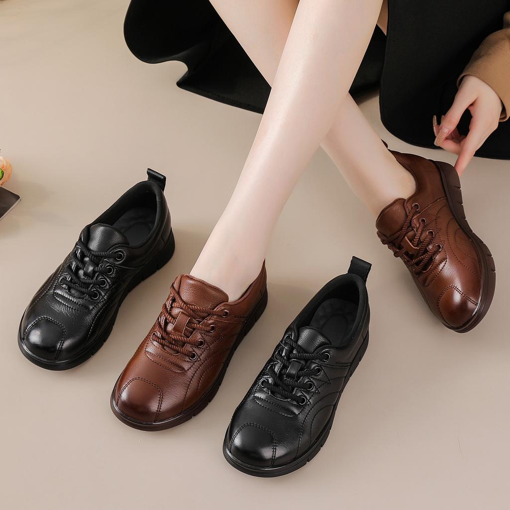 Fashion Original Natural Leather Shoes for Women Soft Soled Round Toe Mom Flats Woman Lace Up Anti Slip Loafers Ladies Moccasins