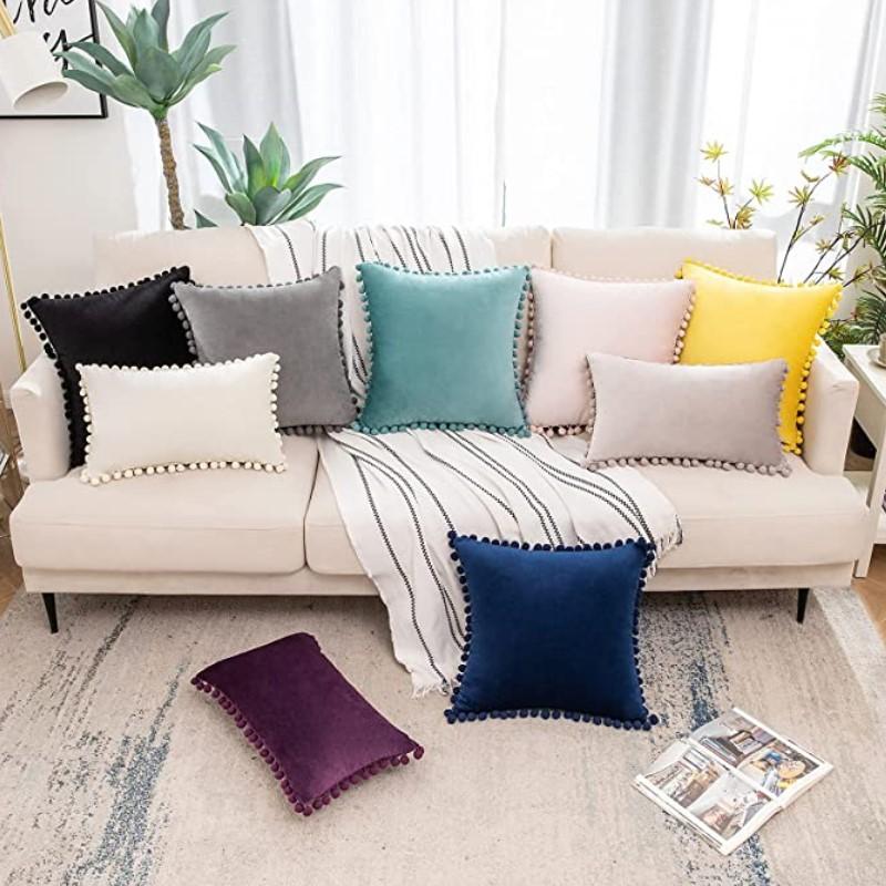 Inyahome Solid Color Velvet Throw Pompom Pillow Covers Pillowcase for Home Decor Sofa Living Room Bed Couch Farmhouse Outdoor