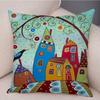 Retro Rural Color Cities Cushion Cover For Sofa Home Car Decor Colorful Cartoon House Pillow Case Tree Short Plush Pillowcase