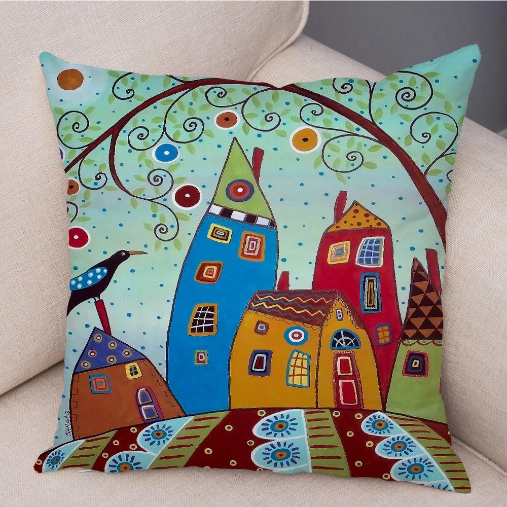 Retro Rural Color Cities Cushion Cover For Sofa Home Car Decor Colorful Cartoon House Pillow Case Tree Short Plush Pillowcase