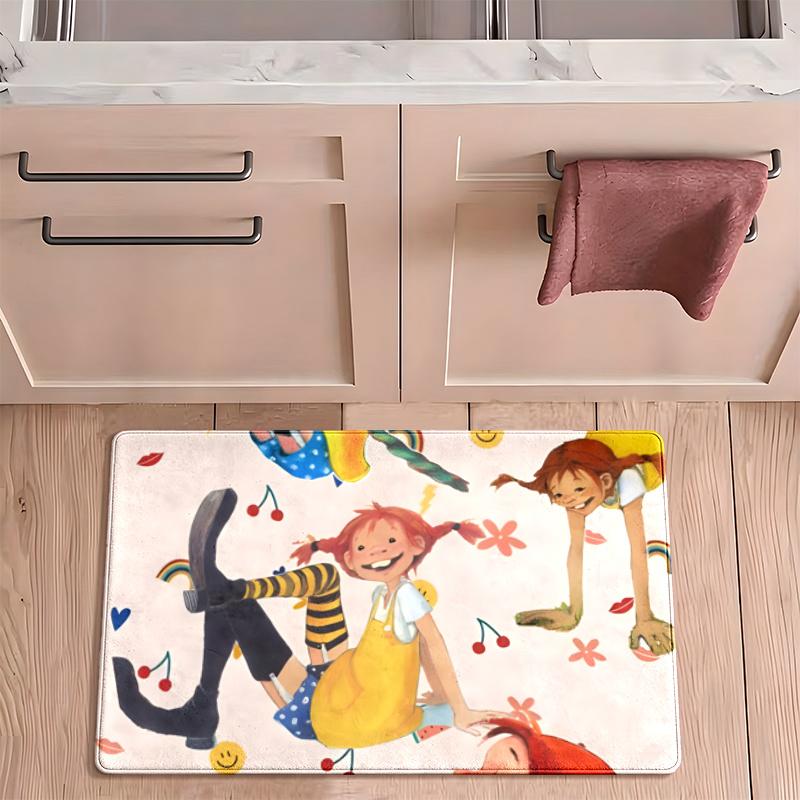 Pippi Flannel Kitchen Floor Mat Absorbent Non-Slip Soft Standing Mat Washable Comfortable Kitchen Rug for Home Sink Laundry