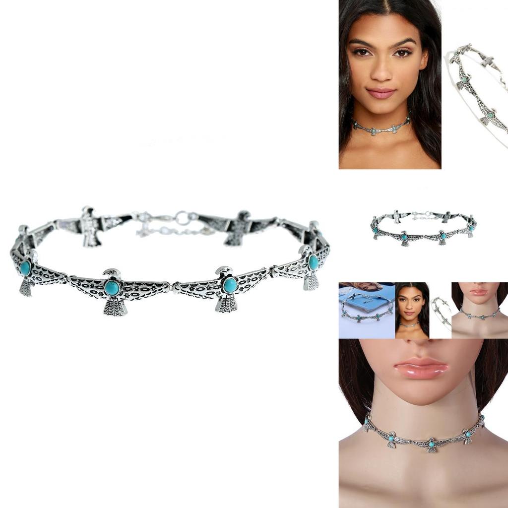 Gypsy Bohemian Geometric Necklace With Bird Design Artificial Turquoise Decor For Women Fashion Jewelry