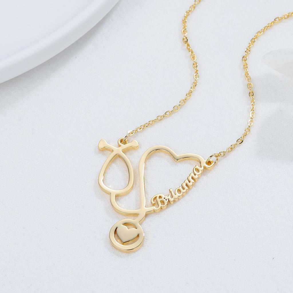 Collane con Nome Personalizzato Gioielli in Acciaio Inossidabile Personalizzate Placcatura Oro Ciondolo Stetoscopio Collane con Targhetta Nome Donna Regalo per Medico alla Fiera alla Moda