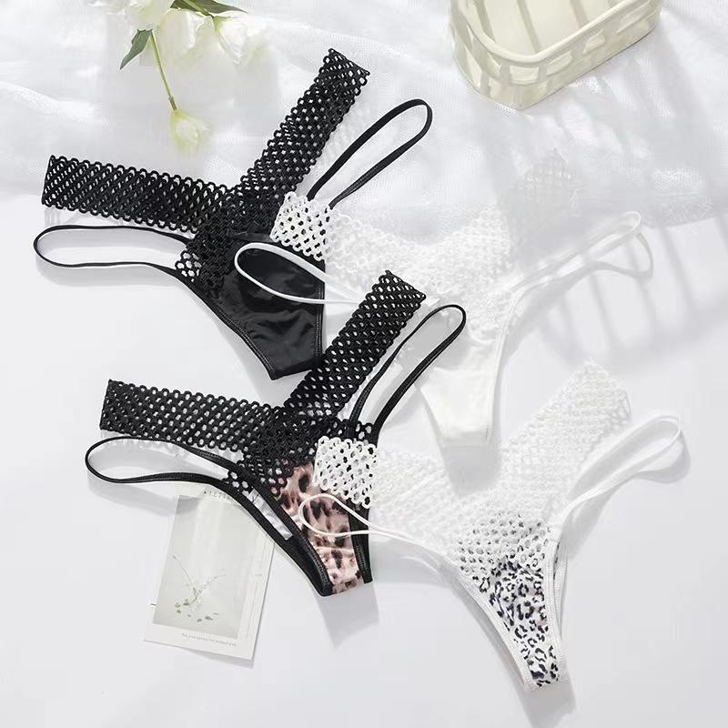 Sexy Hollow Straps Thongs G-string Women Lace Leopard Print Cross Strap Panties Bow Triangle Underwear