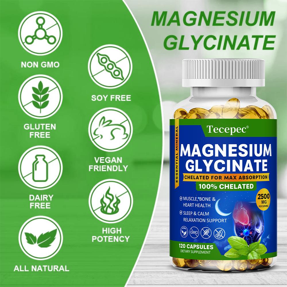 Magnesiumglycinat Chelat Kapseln, 2500mg Pro Portion, 120 Kapseln, 60-Tage-Vorrat, Nahrungsergänzungsmittel