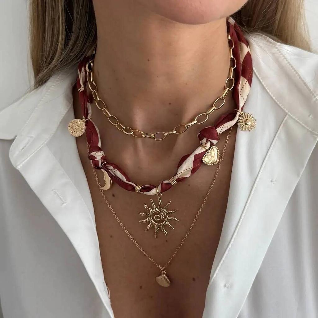 IngeSight.Z 3 Pcs/Set Bohemian Charm Ribbon Necklace Women Gold Color Sun Flower Moon Heart Pendant Choker Necklace Jewelry Gift