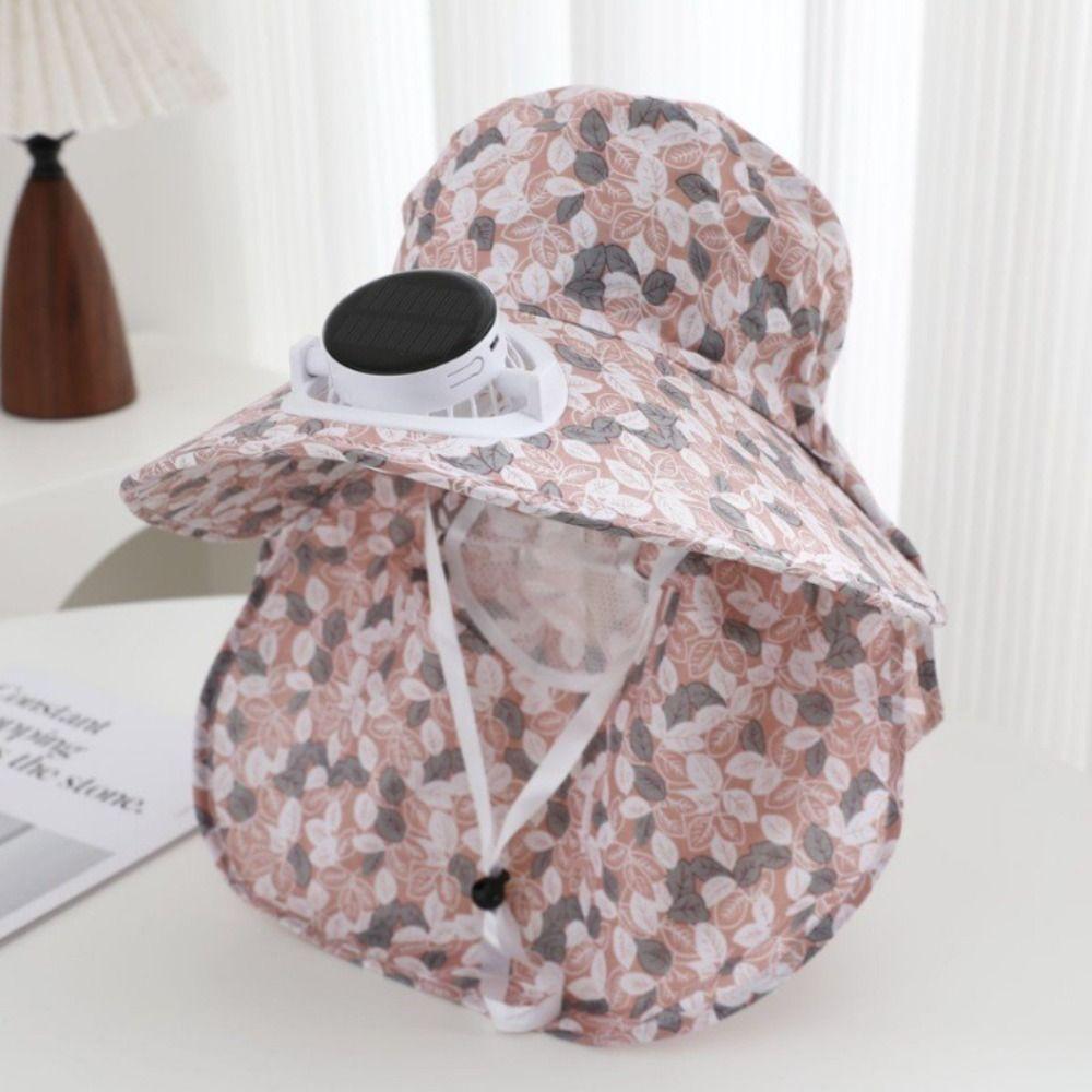 Door Fan Anti-UV Solar Fan Cap Breathable 300MA Current Sun Cap Long Sun Shield Floral Design Cooling Fan Hat Outdoor Activities