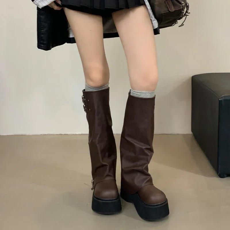 Fashion Autumn Winter Chunky Women Knight High Boots Fashion Platform Flats Trouser Long Booties Female Western Cowboy Shoes
