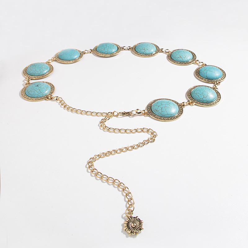 Women's Retro Large Turquoise Heavy Industry Metal Wide Ornate Palace Engraving Round Fashionable Waist Chain