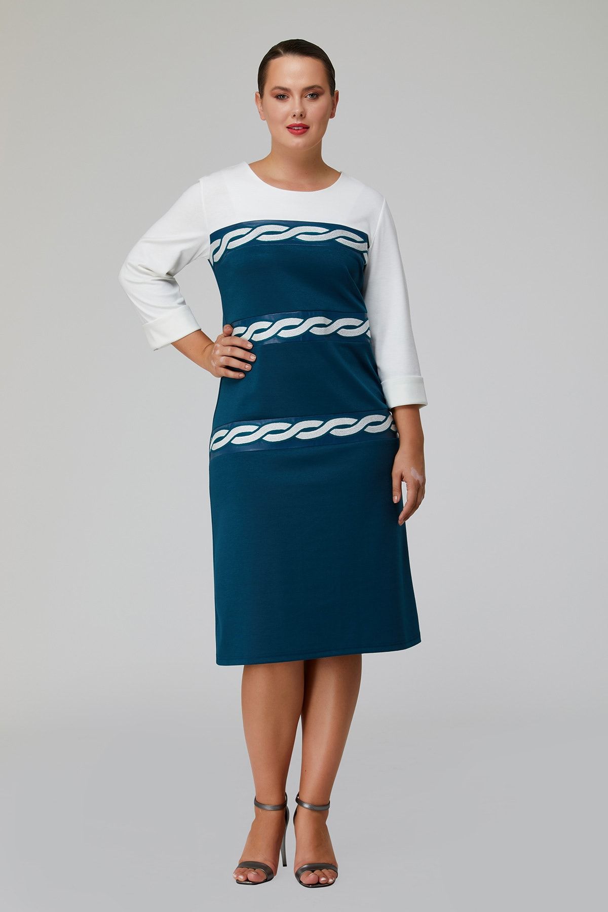 

Women s Big Size Dress Petrol Blue Double Color Embroidered Leather Stripe Detailed Dress L