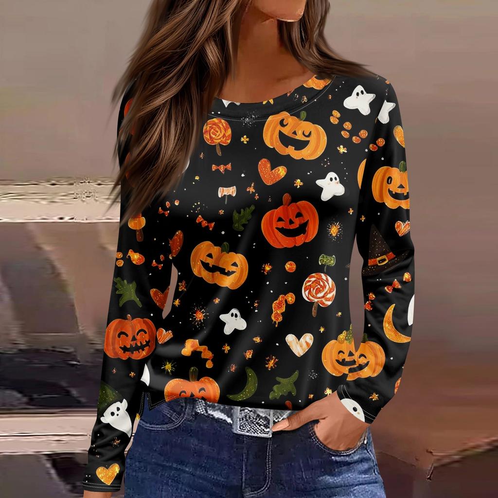 Women's Fashion Hem Slit Casual Halloween Printed Round Neck Long Sleeve Top