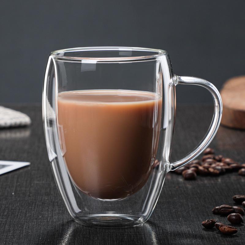 Egg-Shaped Double-Walled Borosilicate Glass Cup with Handle - Insulated for Coffee or Milk.