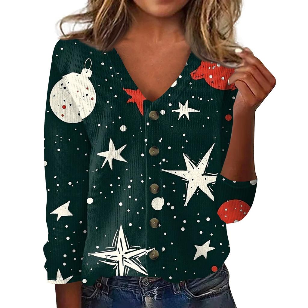 Women's Fashion Print Long Sleeve Knitted Cardigan Button Up Jacket