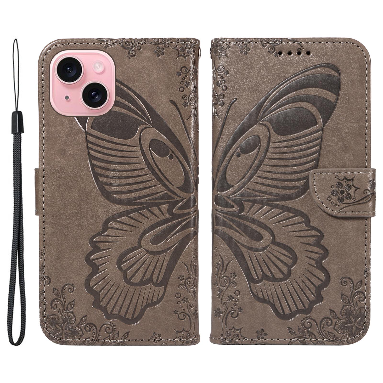 

For iPhone 15 Case Leather Wallet Flip Phone Cover Butterfly Pattern Grey