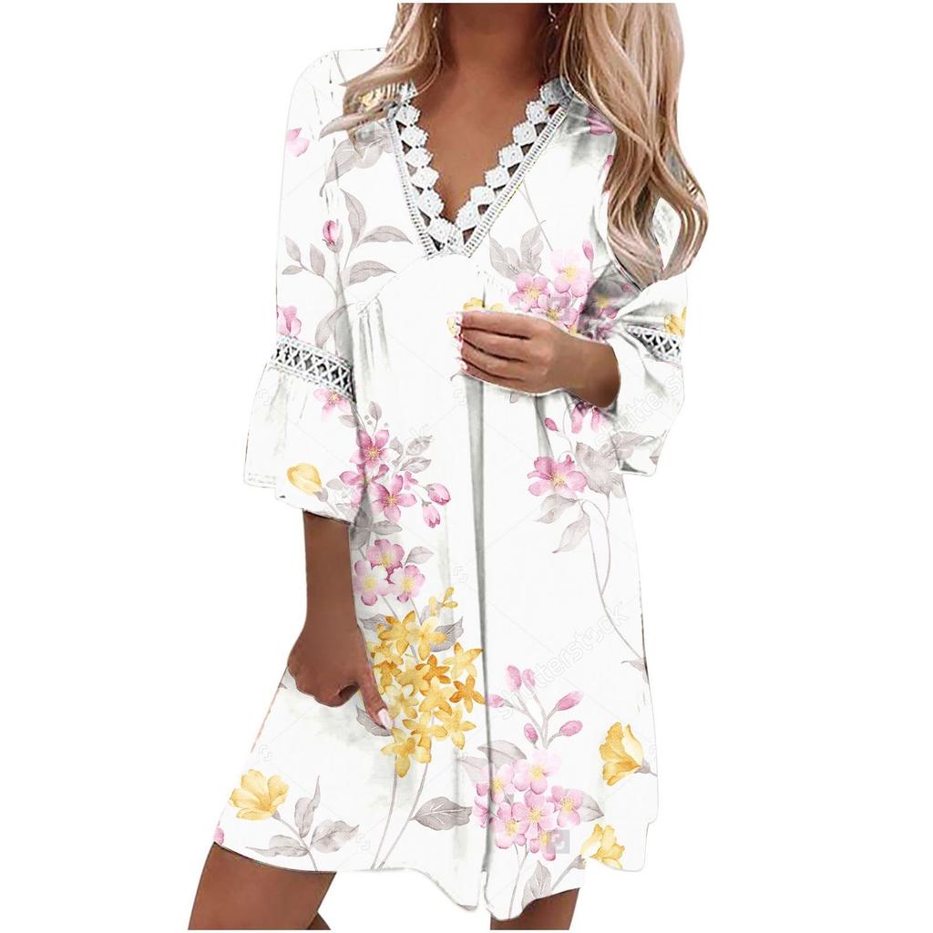 Fashion Women's V-neck Printed Lace Patchwork Bohemian Casual Resort Dress