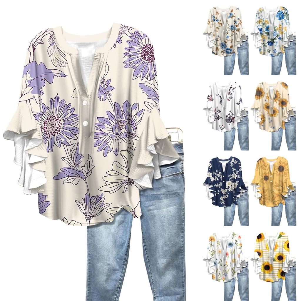 Summer Women's Tops V-Neck Seven Sleeve Shirt Spring Summer Floral Printed Tops Casual Shirt
